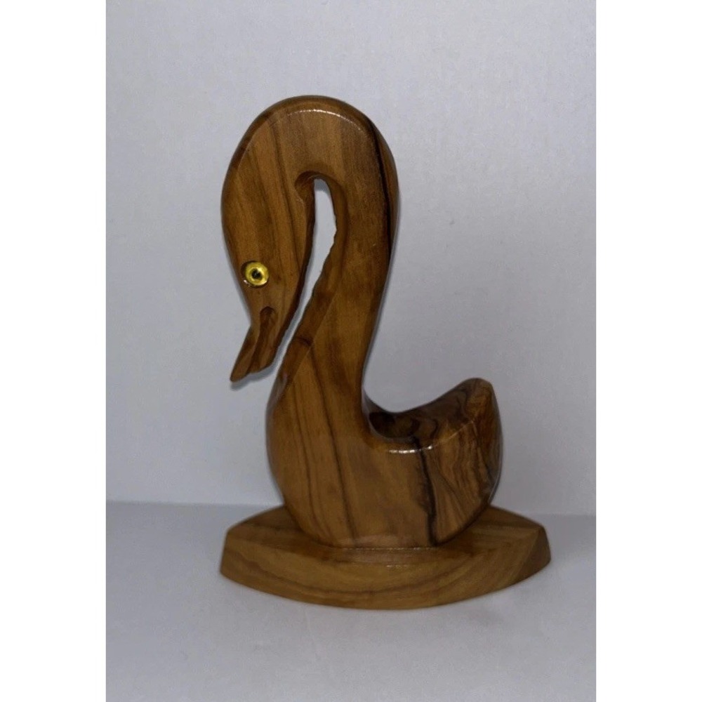 Vintage Wooden Hand-Carved Swan Pen Pencil Toothpick Holder 5.5" India Wood